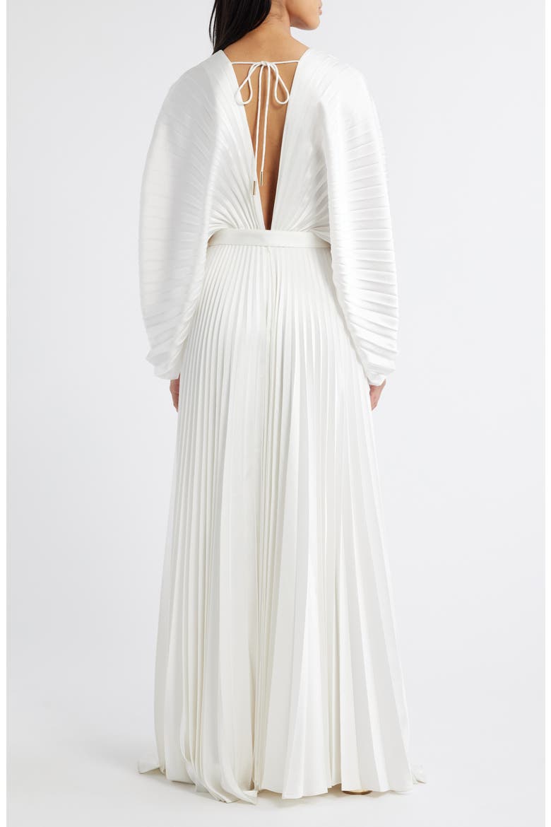 Wonastow Long Sleeve Pleated Satin Maxi Dress, Alternate, color, IVORY