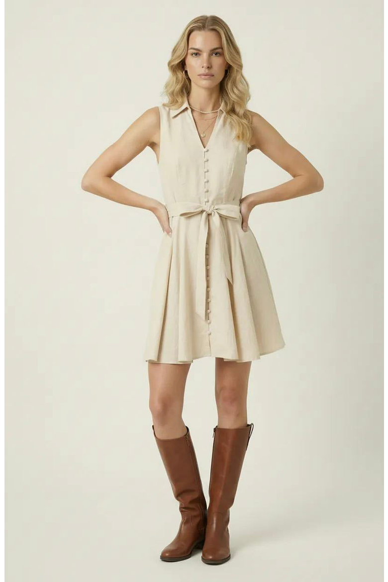 Sleeveless Fit-and-Flare Button-Front Dress, Alternate, color, Beige