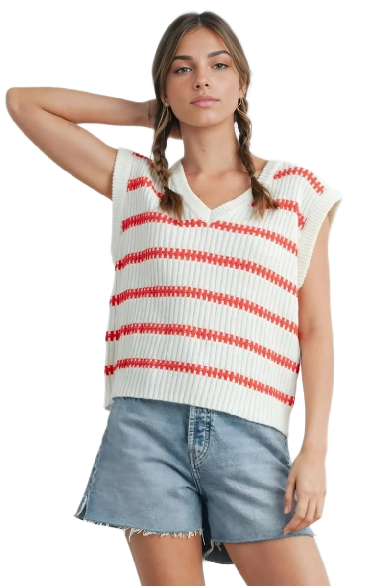 Knit and Lounge Striped Sleeveless V-Neck Knit Sweater Vest, Main, color, 