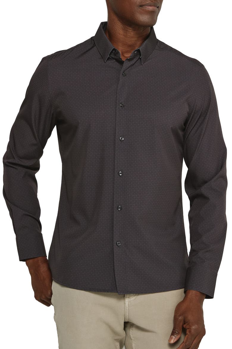 Niall Geometric Print Performance Button-Up Shirt, Main, color, BLACK