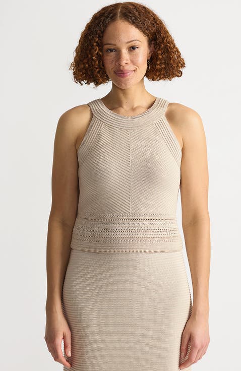 Gassed Cotton Pointelle Halter Top Sweater Set Top