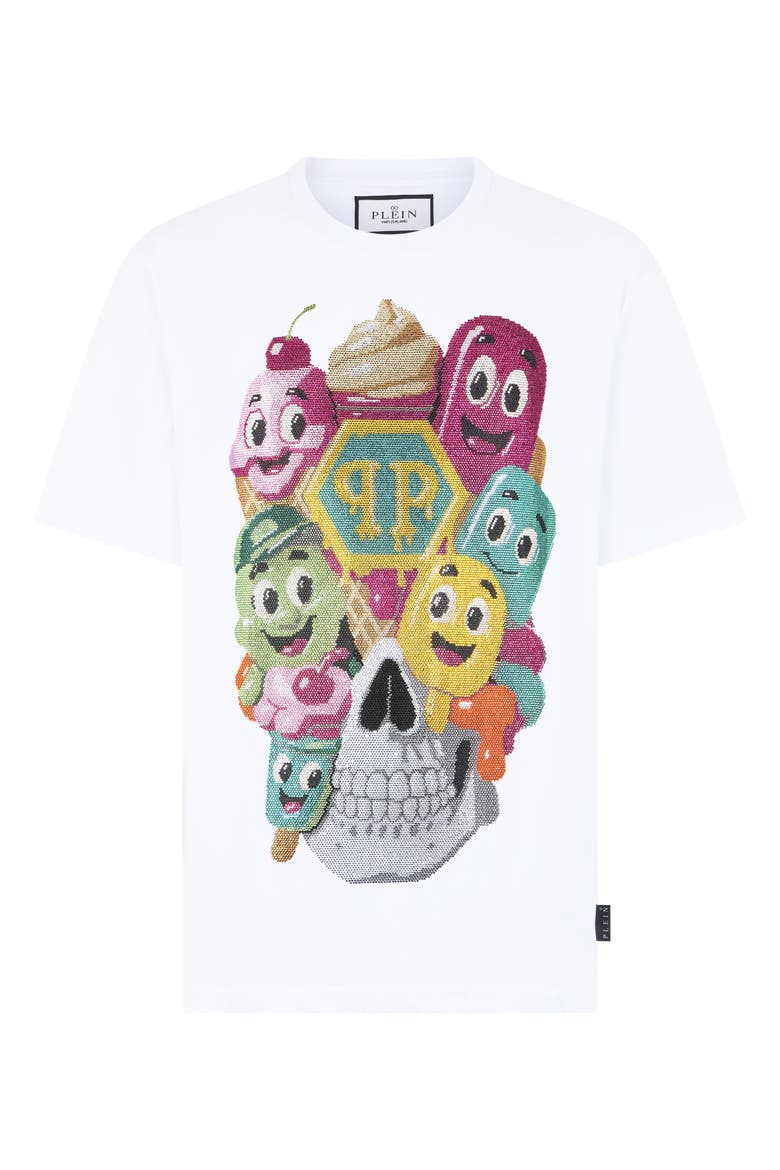 Round Neck T-Shirt Little Ice Cream Skull Men, Main, color, white