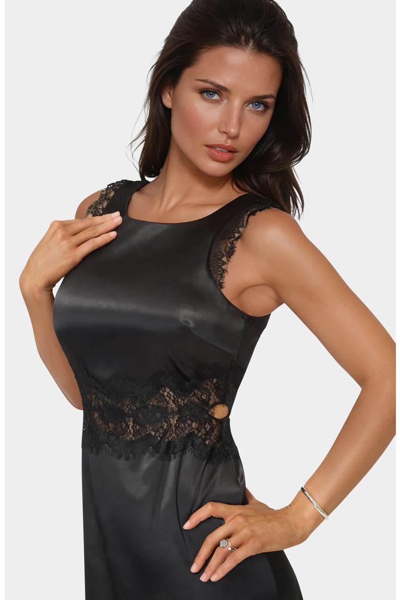 Lace Trim Satin Cocktail Dress, Alternate, color, BLACK
