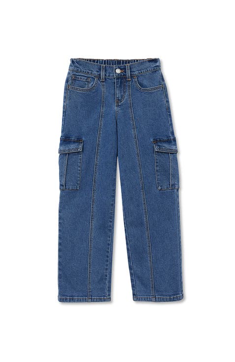 Girls Denim Cargo Wide Leg Jeans