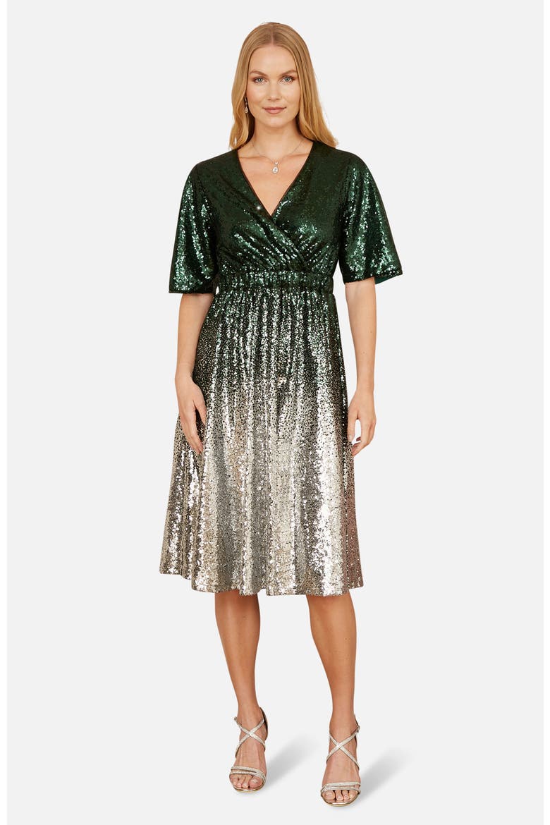 Ombre Sequin V-Neck Midi Dress, Main, color, Green
