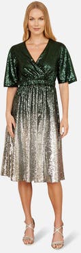 Yumi Ombre Sequin V-Neck Midi Dress