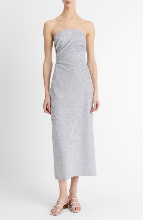 Vince Ticking Stripe Draped Strapless Midi Dress In Iris Slate/off White
