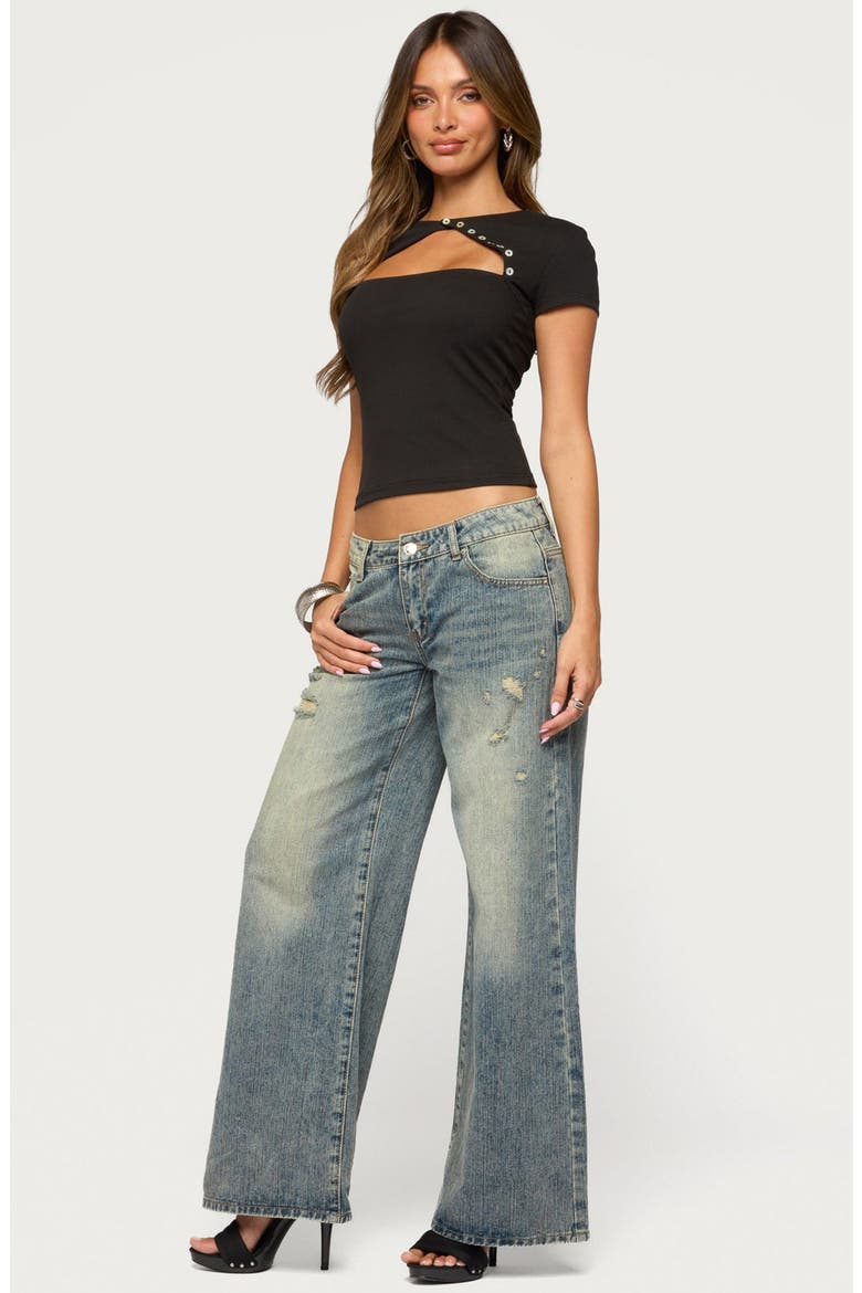 Mania Cutout Button Top, Alternate, color, BLACK