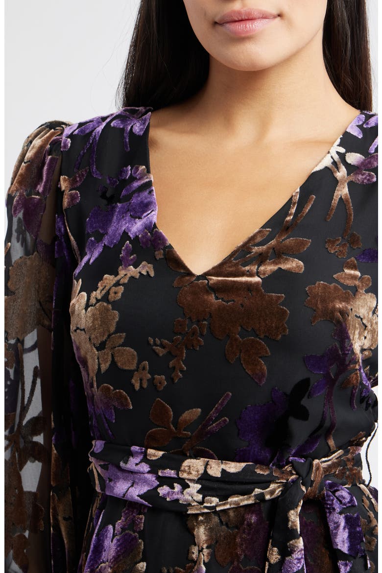Floral Burnout Velvet Puff Sleeve Midi Dress, Alternate, color, BLACK PLUM