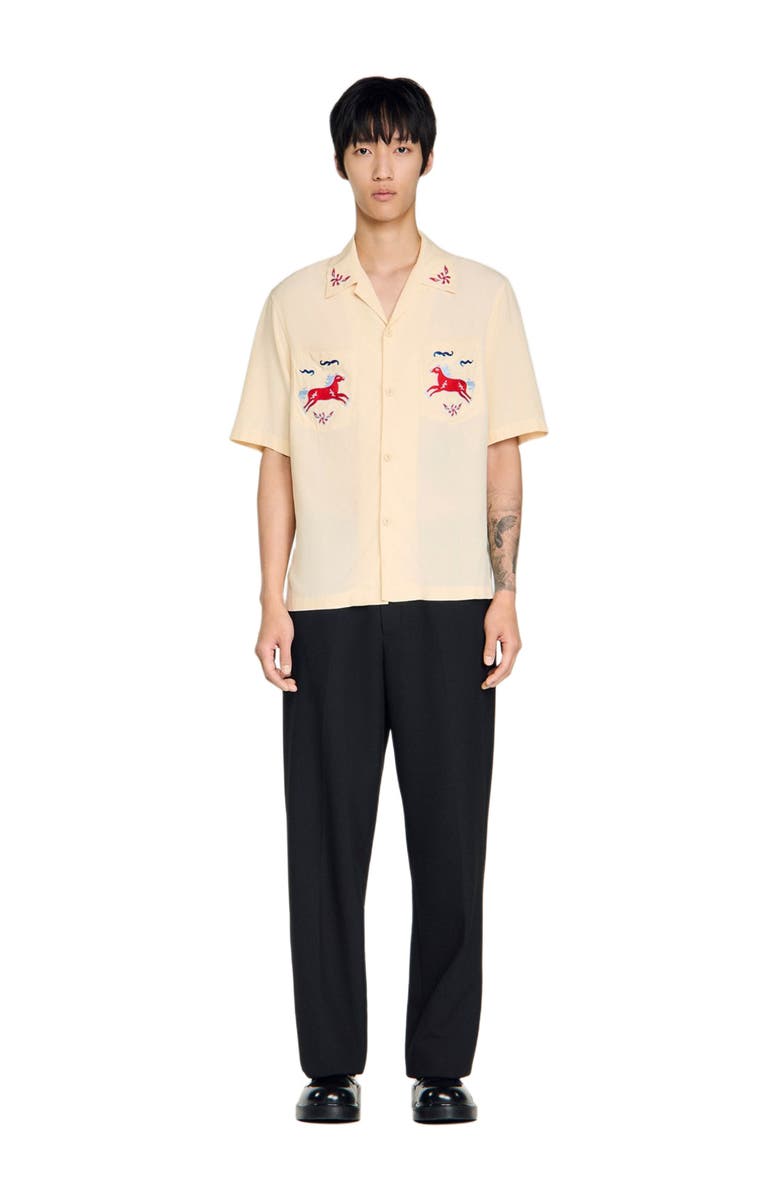 SANDRO Embroidered horse loose-fit shirt, Alternate, color, Butter Cream