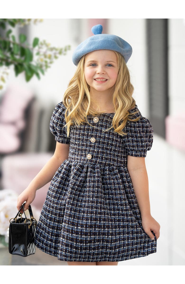 Mia Belle Girls Pretty in Plaid Puff Sleeve Tweed Dress, Alternate, color, Blue