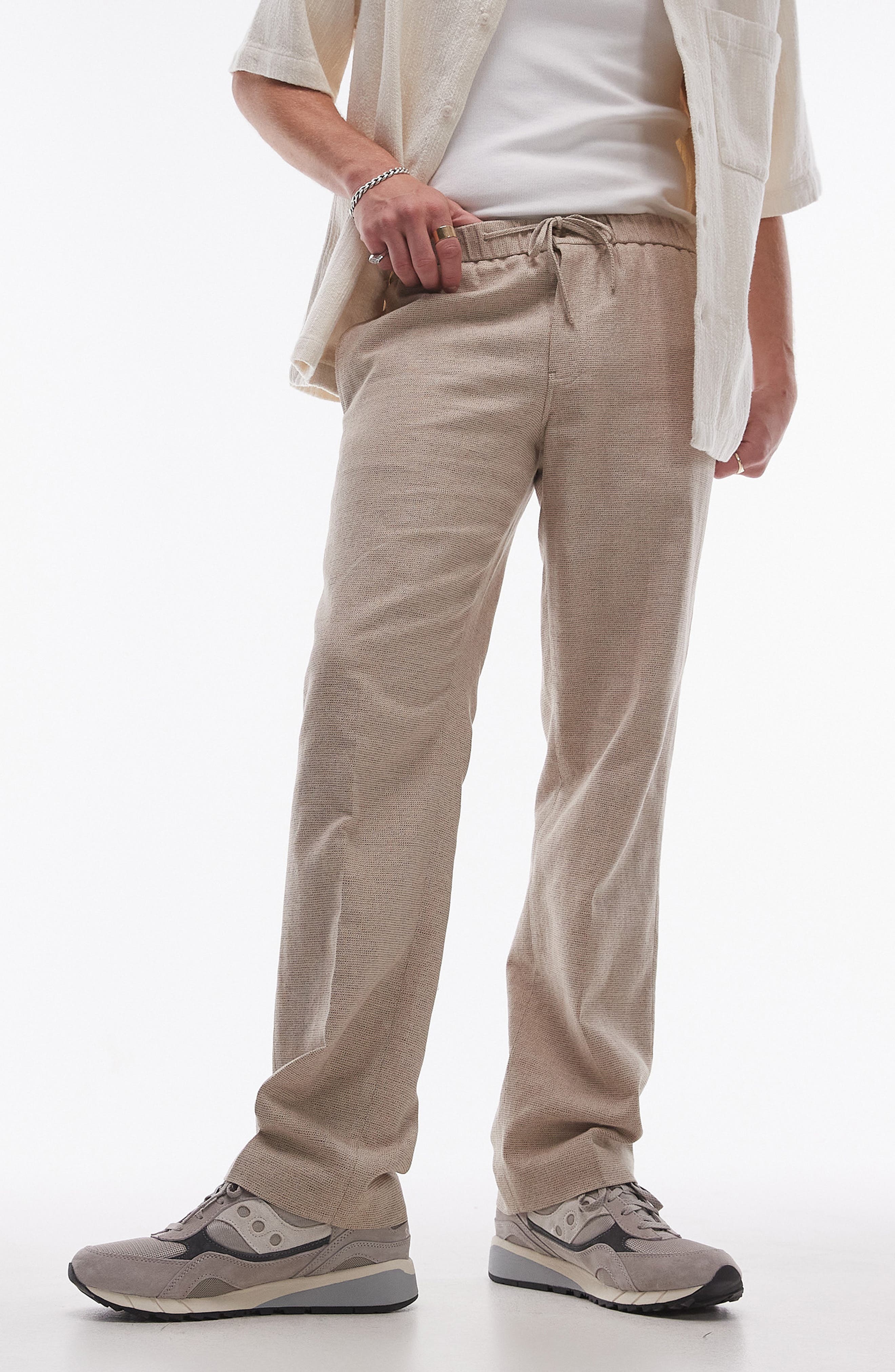 Topman Loose Fit Textured Cotton & Linen Pants in Stone 