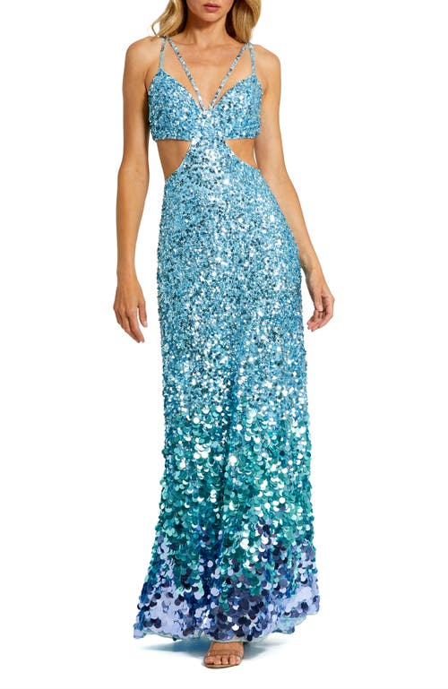 Mac Duggal Thin Strap Cut Out Gown With Ombre Sequins In Ice Blue