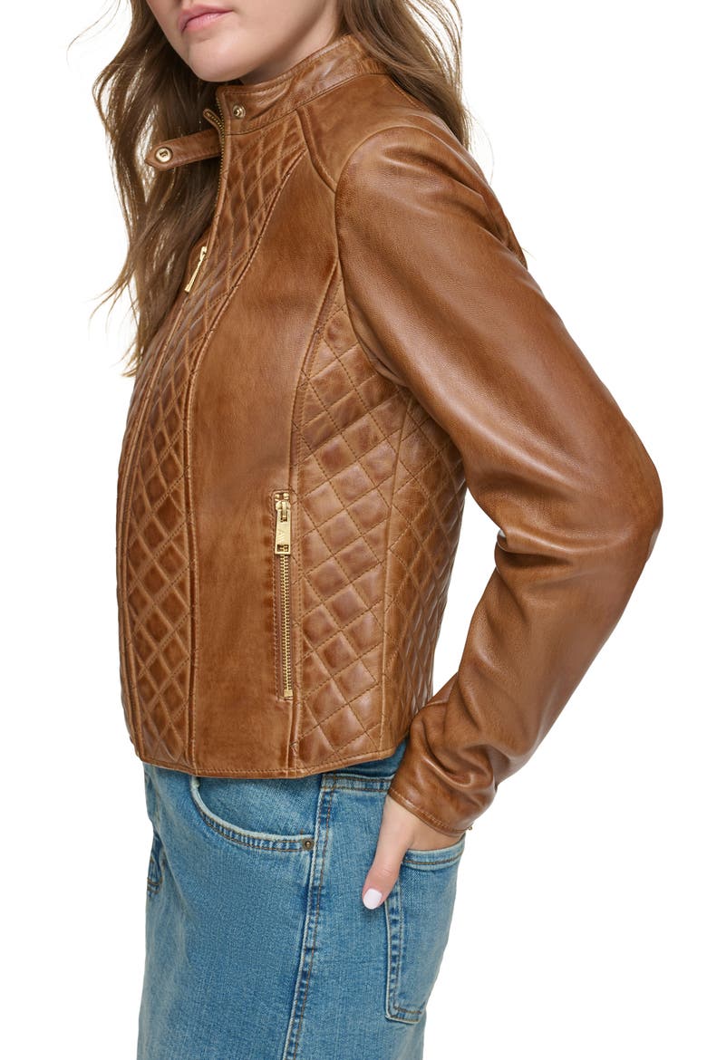 Quilted Panel Leather Jacket, Alternate, color, COGNAC