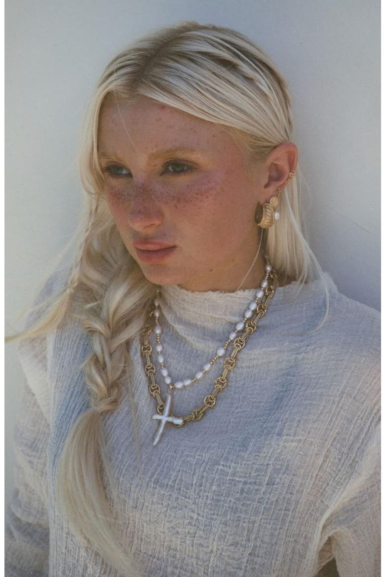 Tahiti Pearl Cross Necklace, Alternate, color, GOLD