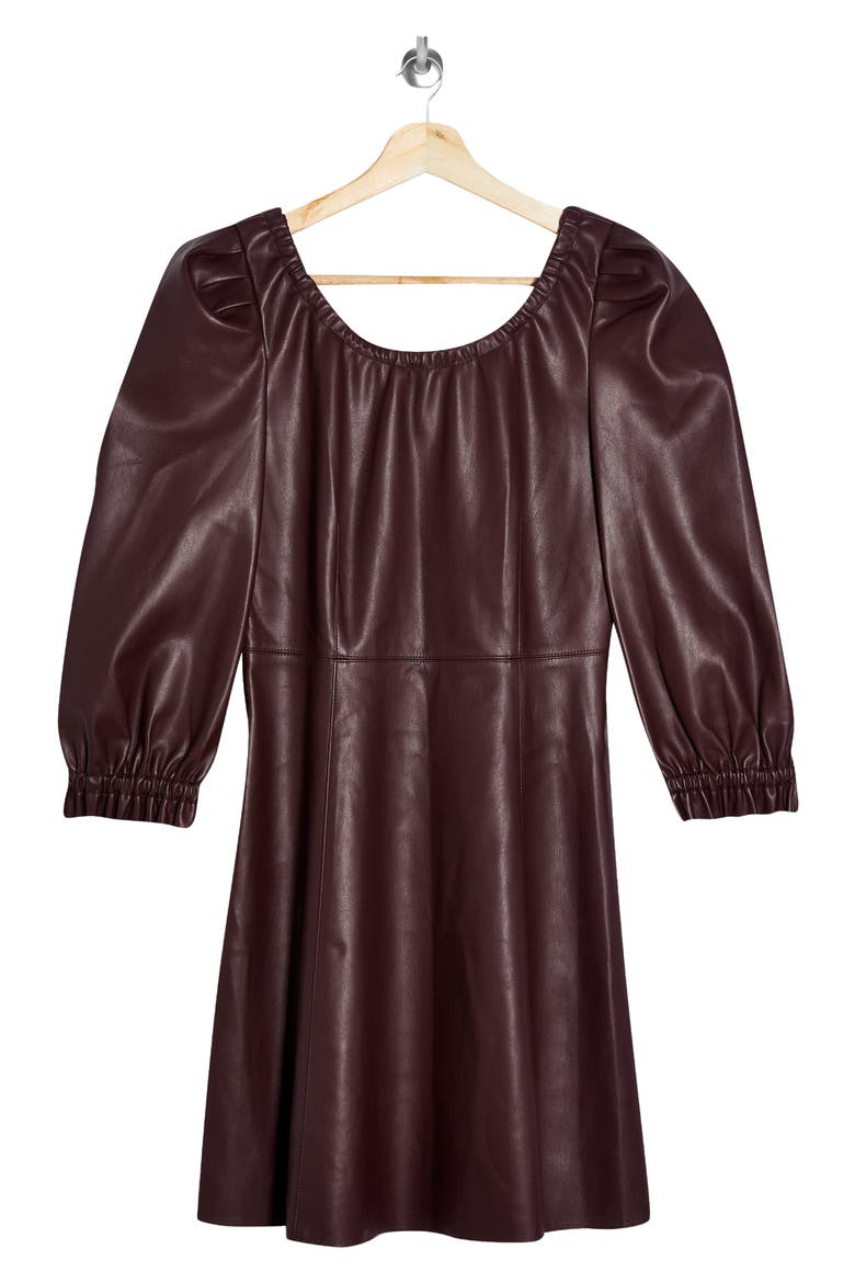 Balloon Sleeve Faux Leather Fit & Flare Dress, Alternate, color, BURGUNDY