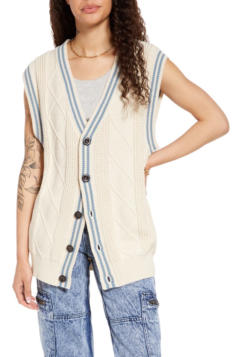 Oversize Cable Knit Cotton Blend Vest, Main, color, IVORY DOVE