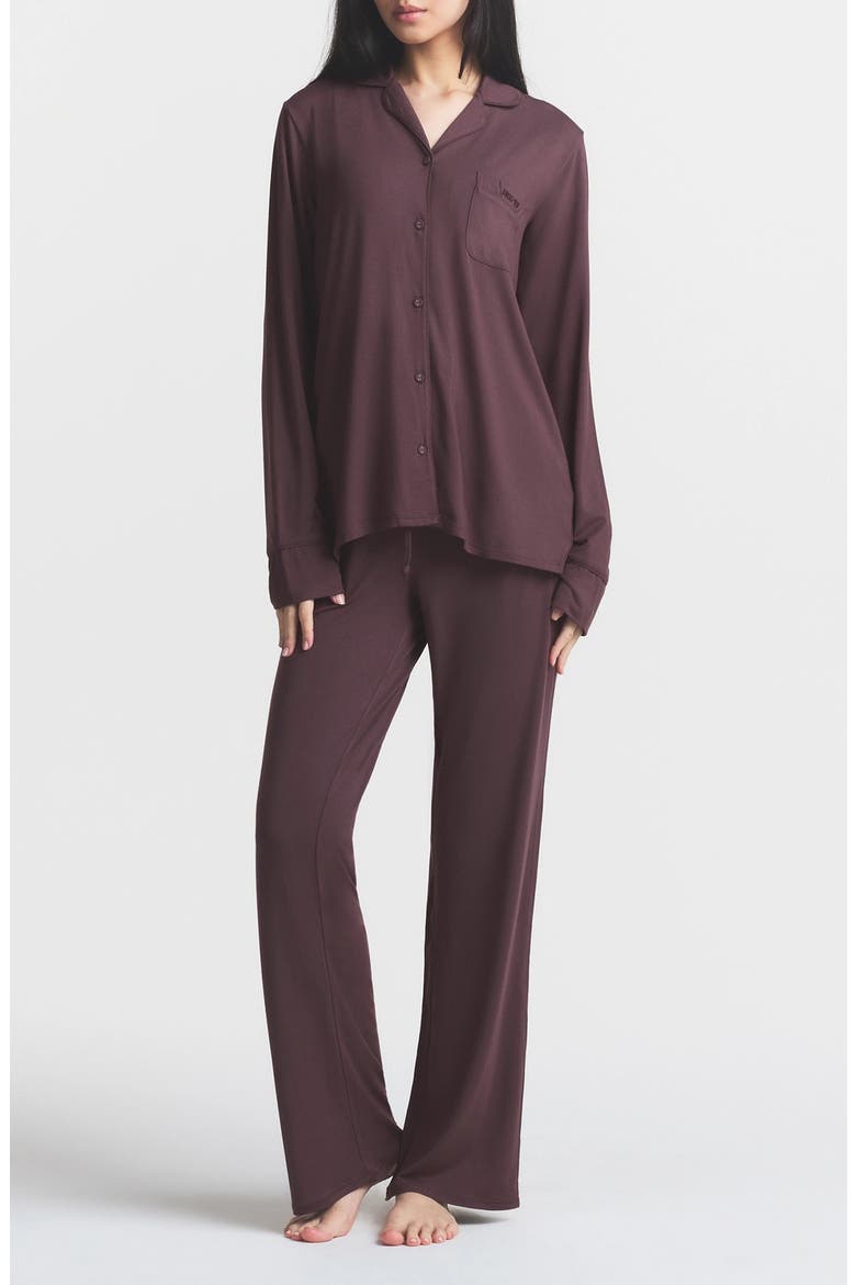 Sleep Long Sleeve Button-Up Pajamas, Main, color, RAISIN