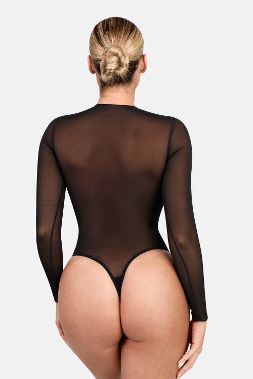 Popilush Shapewear Illusion Mesh Long Sleeve Tummy Control Bodysuit In Jet Black
