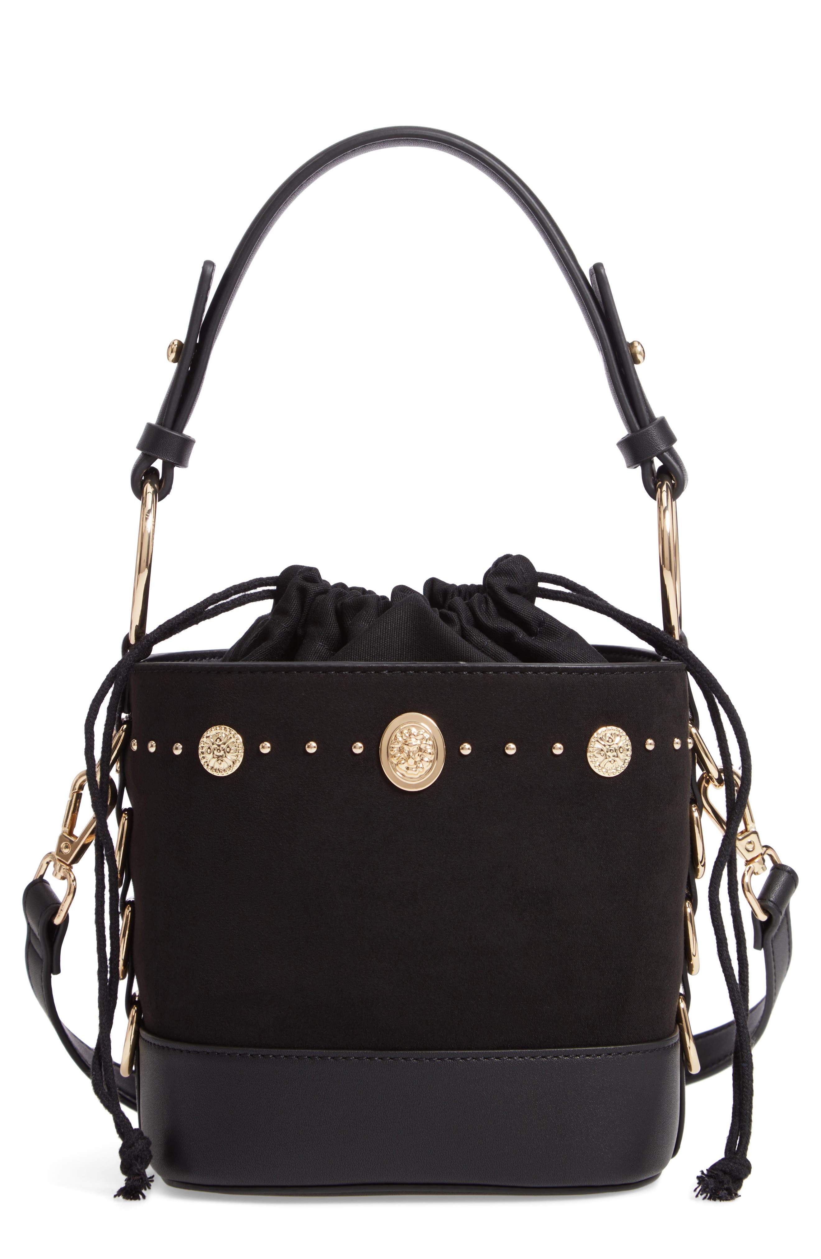Topshop Bianca Studded Faux Leather Bucket Bag, Main, color, 