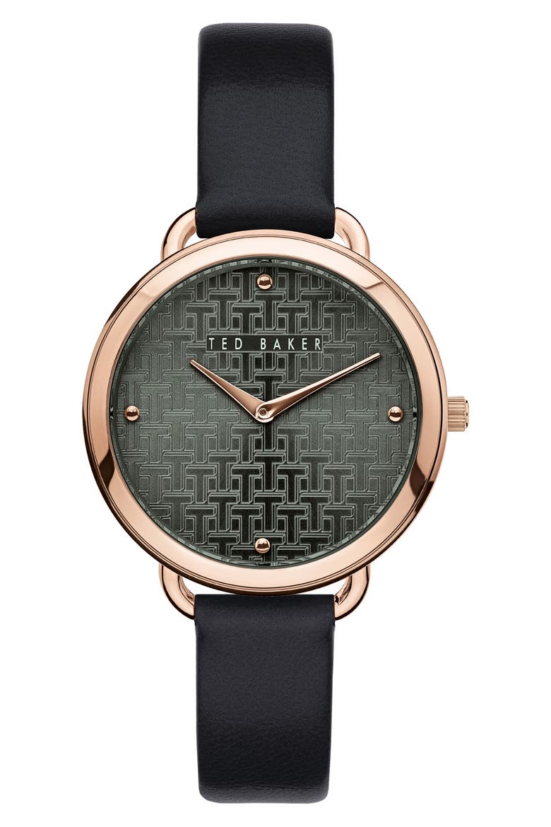 Hettie Leather Strap Watch, 37mm, Main, color, BLACK/ GREEN/ ROSE GOLD