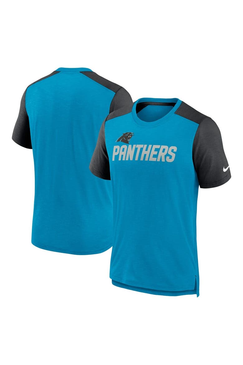 Men's Nike Heathered Blue/Heathered Black Carolina Panthers Color Block Team Name T-Shirt, Main, color, Heather Royal