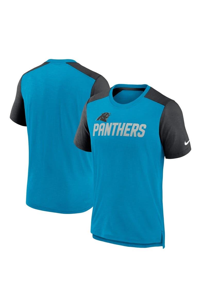 Nike Men's Nike Heathered Blue/Heathered Black Carolina Panthers Color Block Team Name T-Shirt, Main, color, Heather Royal