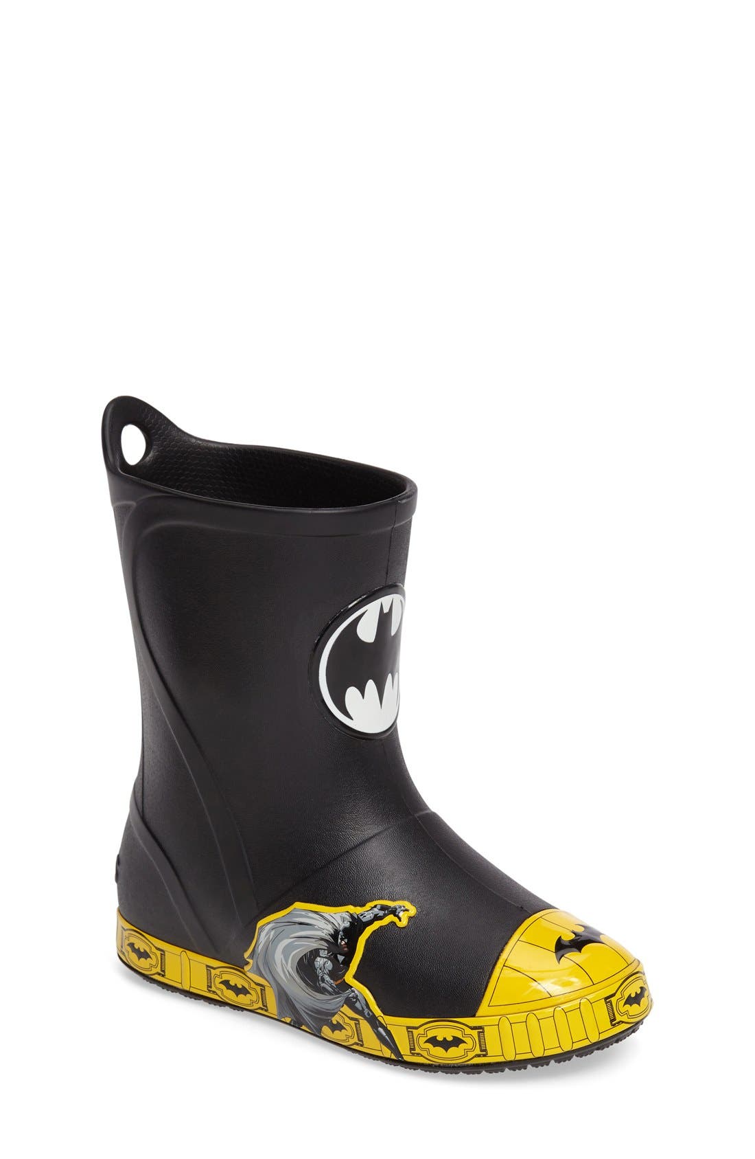 CROCS™ Bump It Batman Waterproof Rain Boot, Main, color, BLACK