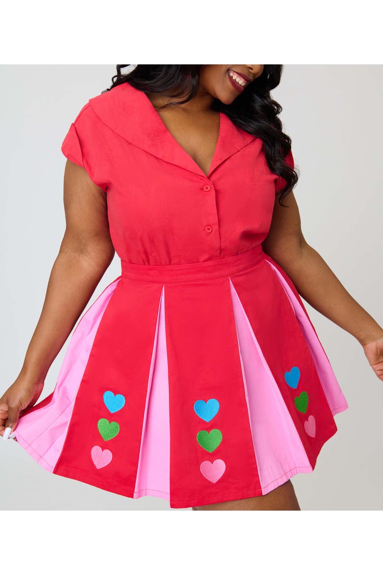 Plus Size 1960s Pleated Mini Skirt, Alternate, color, Red & Pink Heart Print