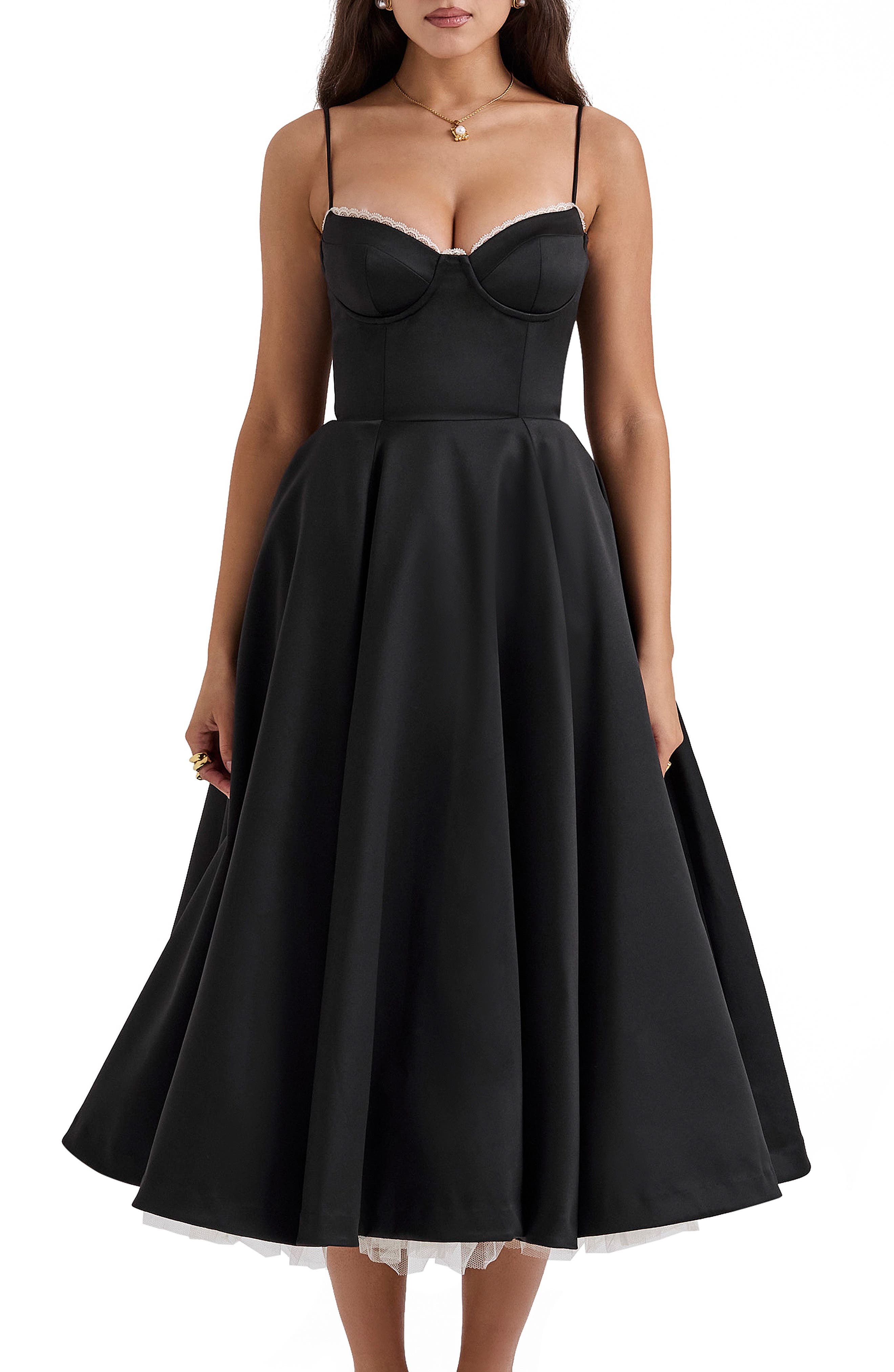 mademoiselle forest green satin tulle midi dress Mademoiselle Bustier Stretch Satin Midi Dress (Women)