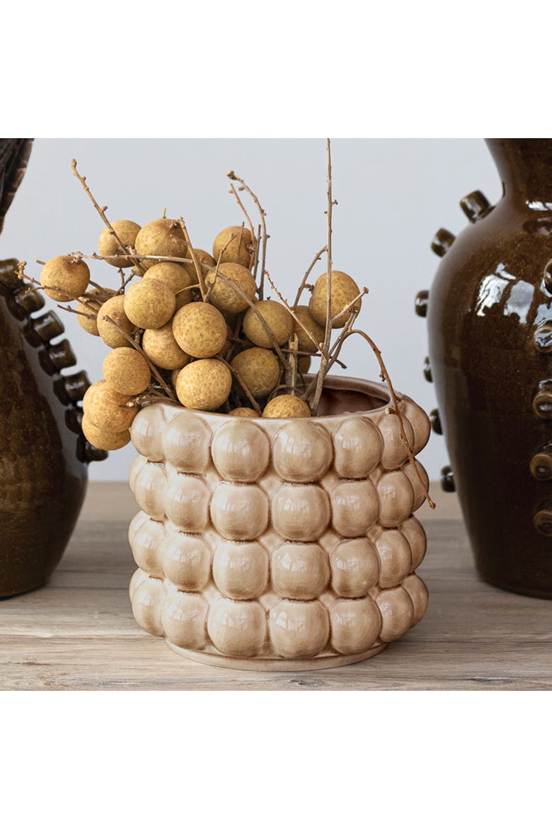 Round Stoneware Planter with Raised Dots, Tan, Alternate, color, Tan