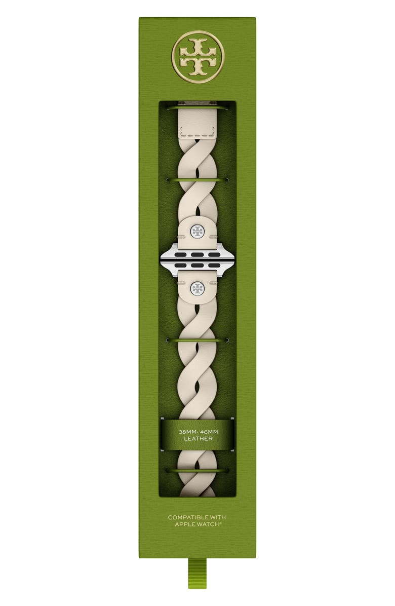 Tory Burch The Miller Braided Leather 20mm Apple Watch<sup>®</sup> Watchband, Alternate, color, Ivory