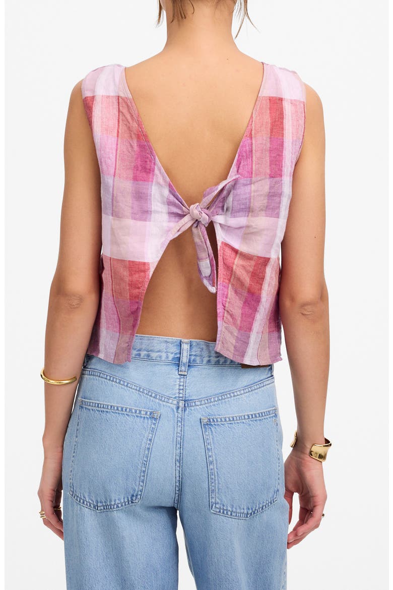 Plaid Tie Back Linen Tank Top, Alternate, color, PINK PLAID