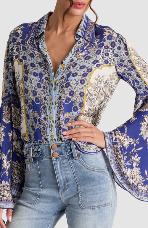Alice And Olivia Willa Forevermore Fitted Bell-sleeve Placket Top In Blue