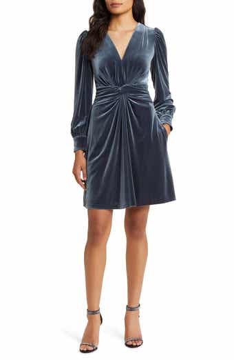 Vince Camuto Twist Front Long Sleeve Velvet Fit & Flare Dress