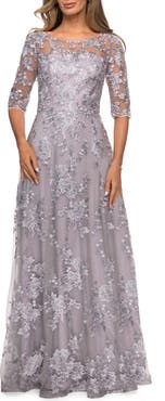 La Femme Cap Sleeve Long Evening Gown with Lace Detailing