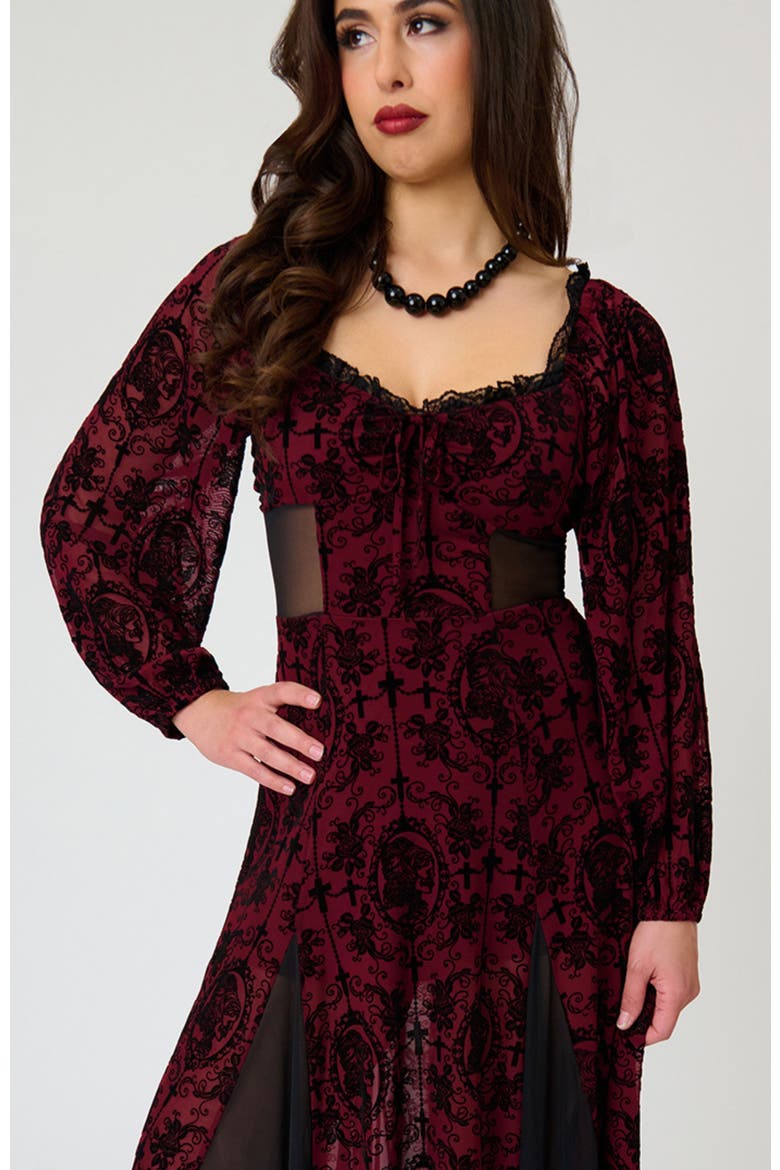 Sheer Spiderweb Godet Maxi Dress, Alternate, color, Red Swirling Floral Print