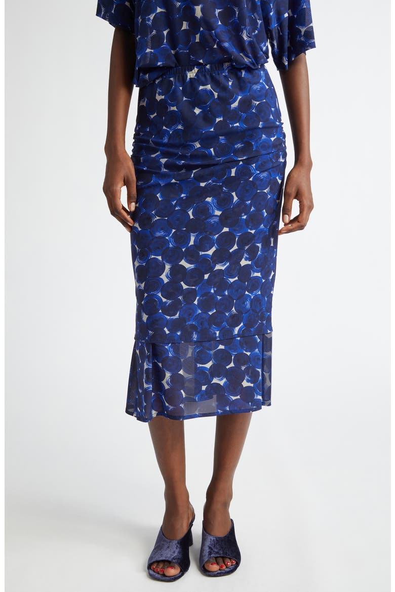 Homoa Abstract Dot Print Layered Mesh Midi Skirt, Main, color, BLUE