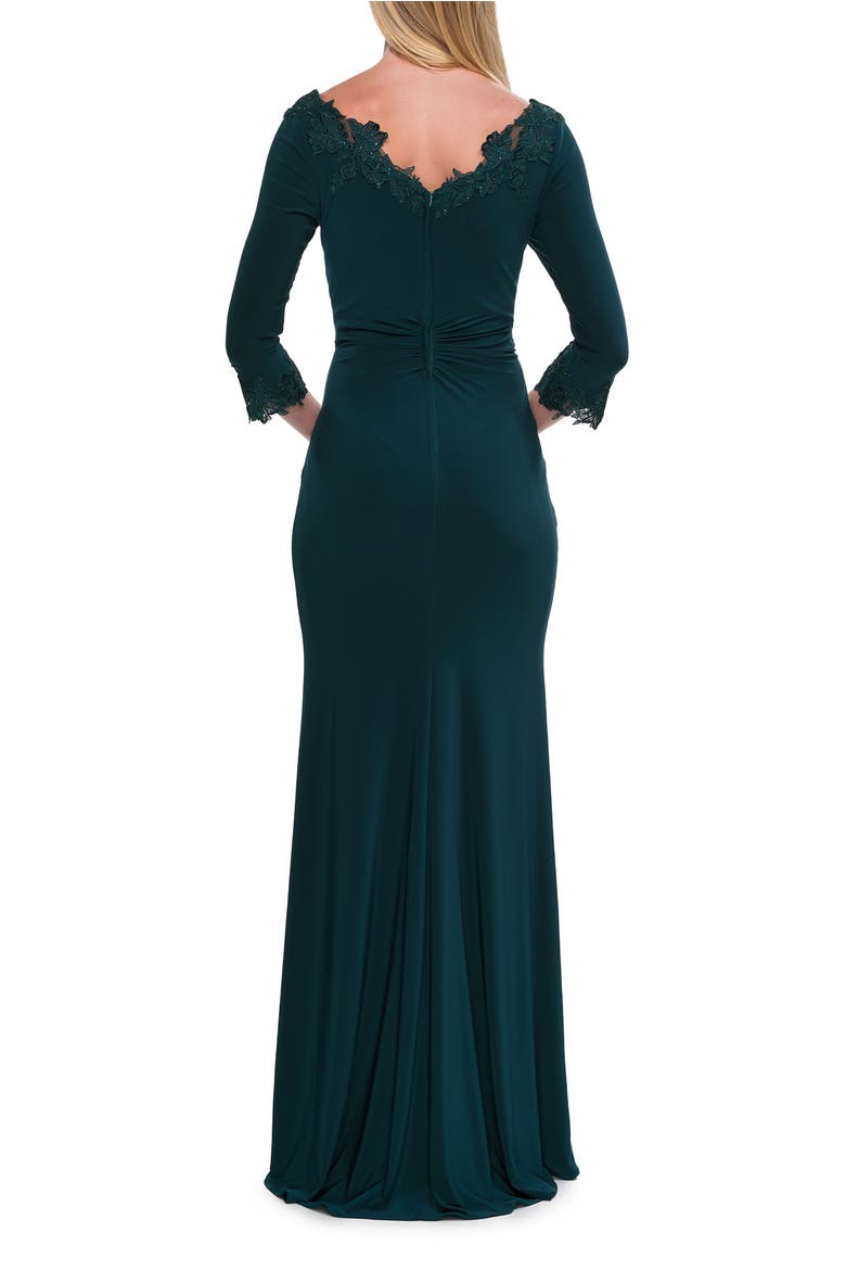 V-Neck Lace Trim Gown with Three-Quarter Sleeves, Alternate, color, Emerald