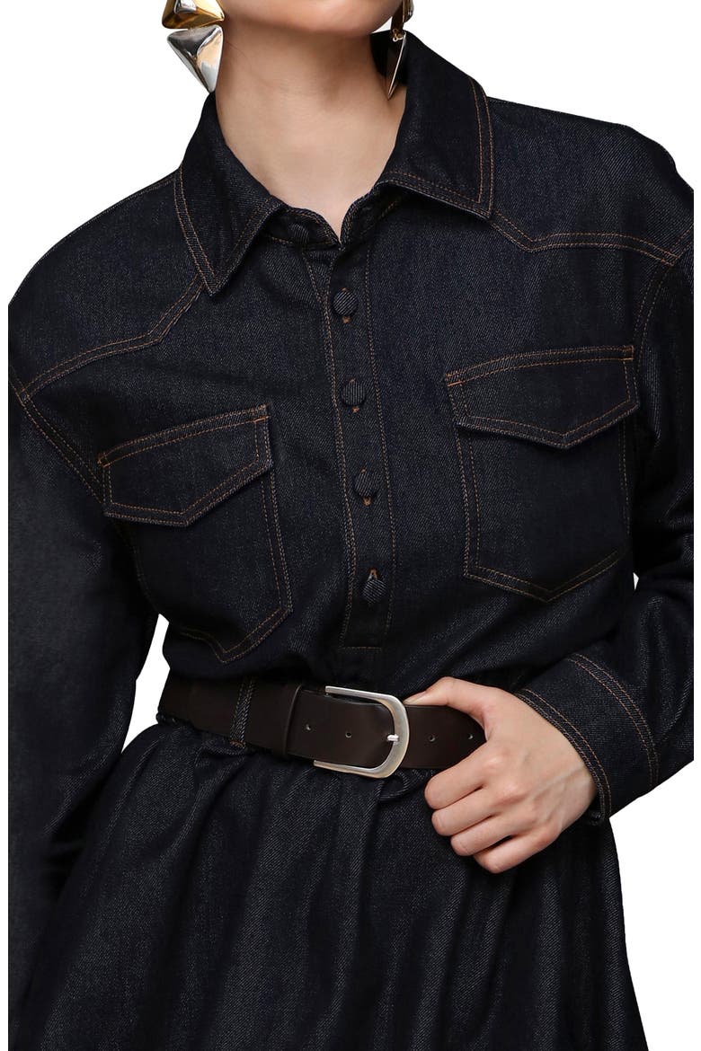 Long Sleeve Bubble Hem Denim Mini Shirtdress, Alternate, color, DARK RINSE