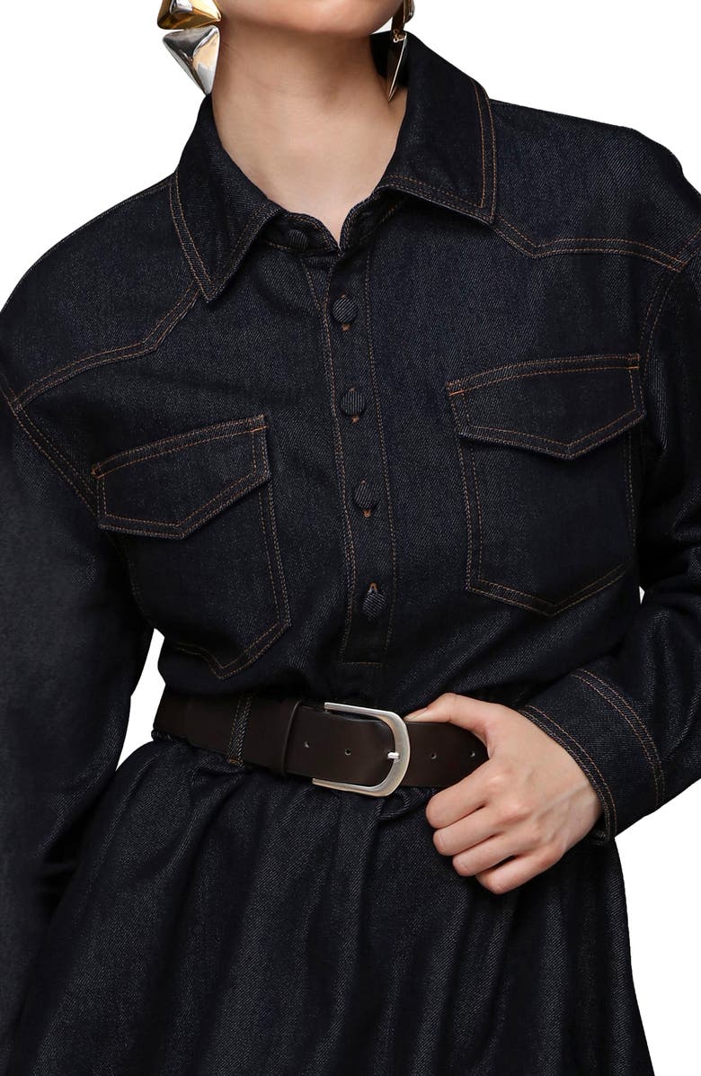 Avec Les Filles Long Sleeve Bubble Hem Denim Mini Shirtdress, Alternate, color, Dark Rinse