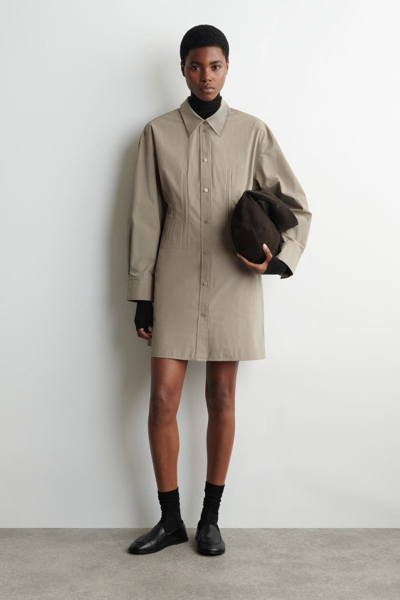 Waisted Cotton Shirt Dress, Main, color, GRAY