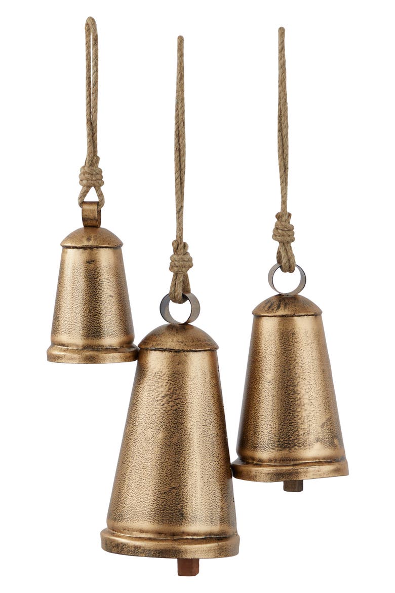 Bronze Metal Indoor Outdoor Meditation Decorative Cow Bell with Jute Hanging Rope - Set of 3, Main, color, BRONZE