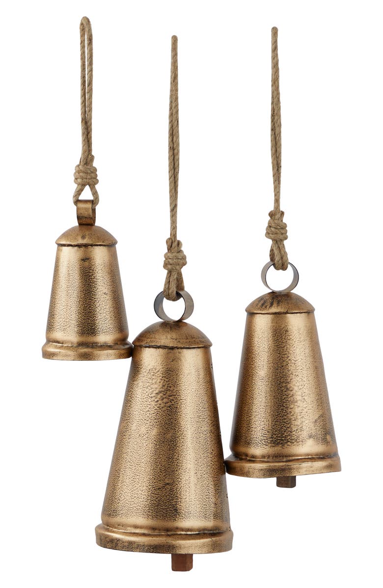 GINGER BIRCH STUDIO Bronze Metal Indoor Outdoor Meditation Decorative Cow Bell with Jute Hanging Rope - Set of 3, Main, color, Bronze