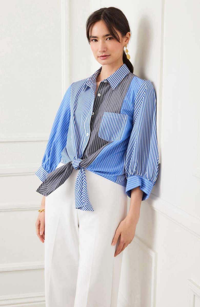 Karen Kane Mixed Stripe Tie Front Button-Up Shirt, Alternate, color, 