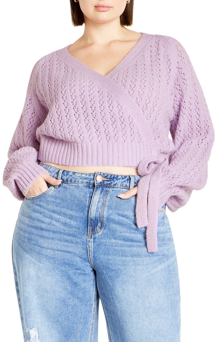 City Chic Vivienne Pointelle Wrap Cardigan Sweater, Main, color, Purple