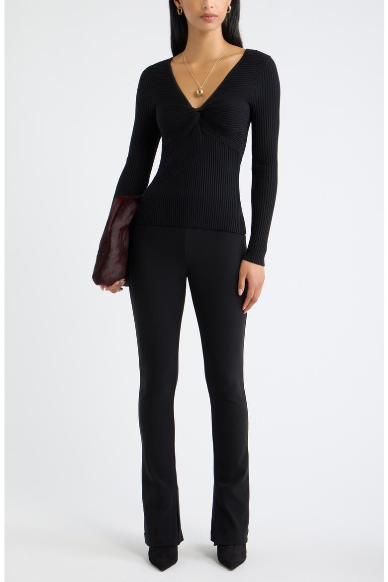 Knot Front Ribbed V-Neck Sweater, Alternate, color, BLACK