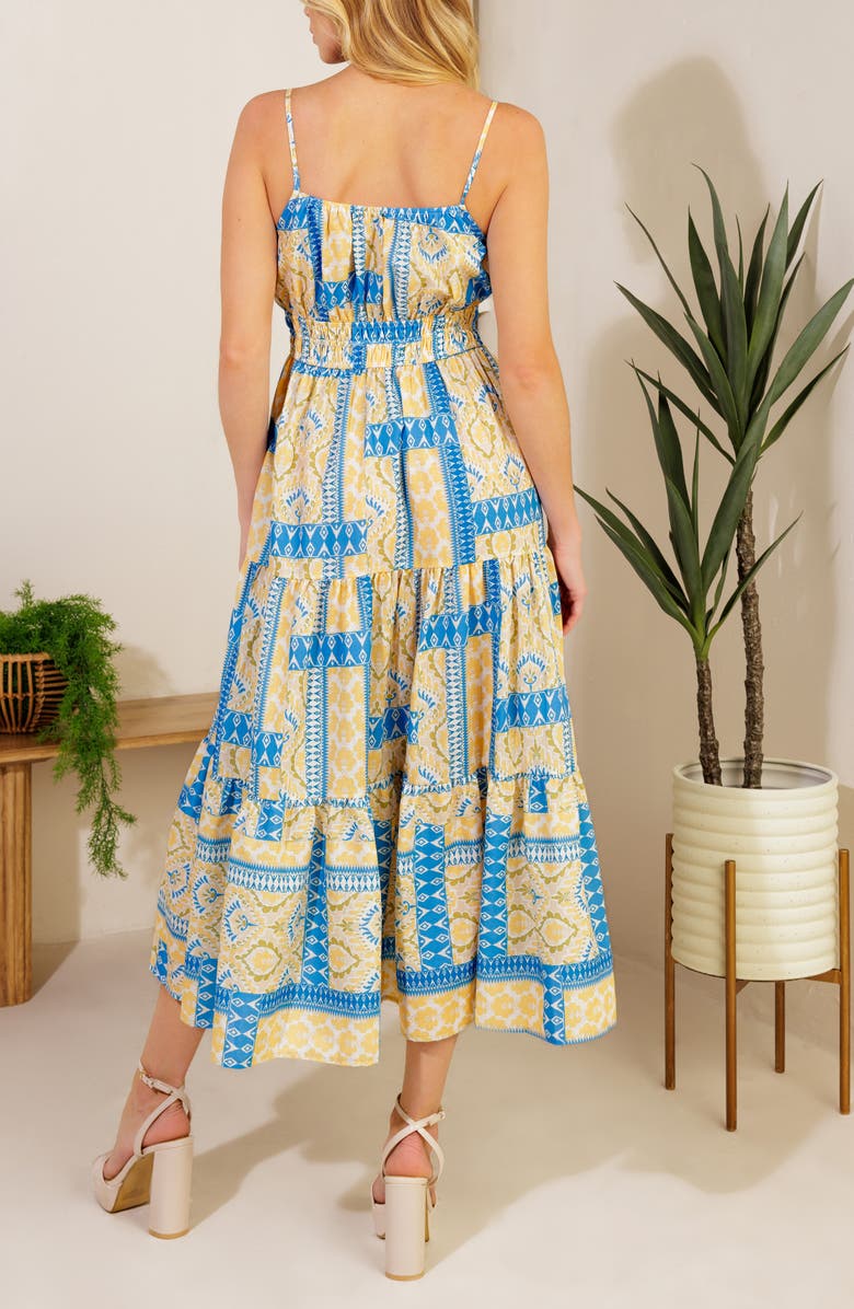 FLYING TOMATO Patchwork Print Tiered Midi Dress, Alternate, color, Blue/ Ivory