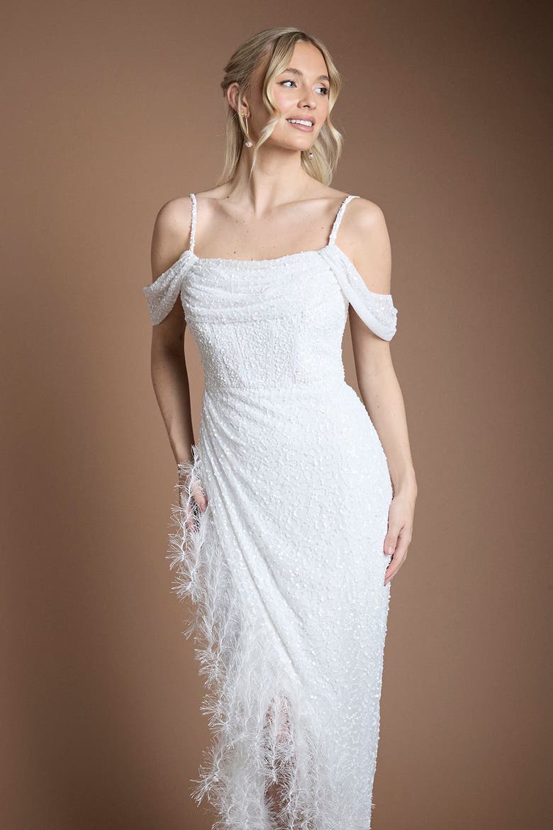 Bardot Neck Feather Trim Maxi Dress, Alternate, color, Ivory