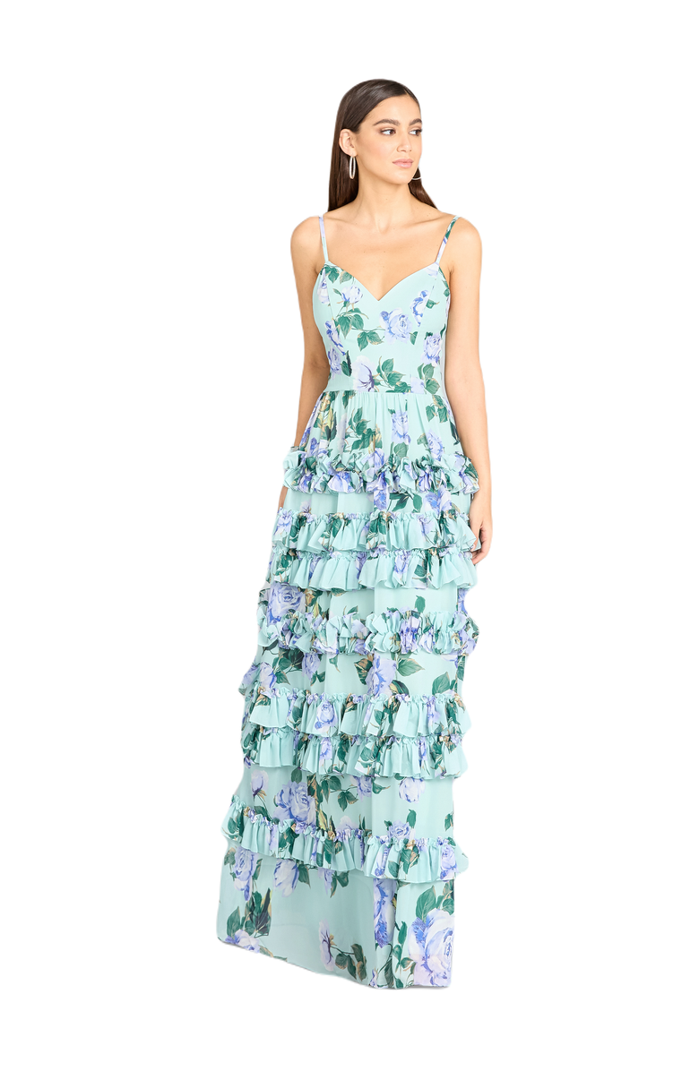 LARA New York Ruffle Skirt Printed Gown with Spaghetti Straps, Main, color, Mint